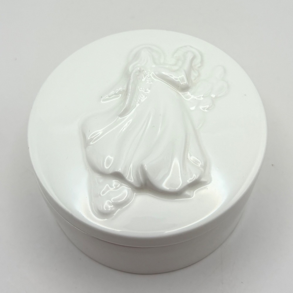 White Porcelain Angel Playing Harp Trinket Box Embossed Jewelry Box Vanity Decor